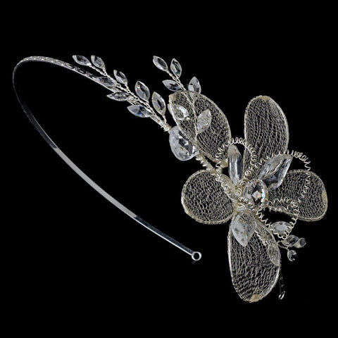 Silver Dainty Flower Rhinestone Mesh Bridal Wedding Headband - HP 8350