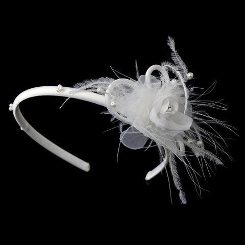 * Flower Feather Accented Bridal Wedding Headband HP 8421 Ivory or White
