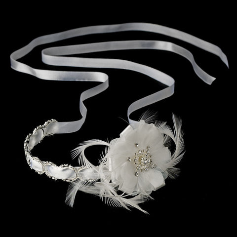 * Silver Accented Ivory/White Ribbon Bridal Wedding Belt 8531