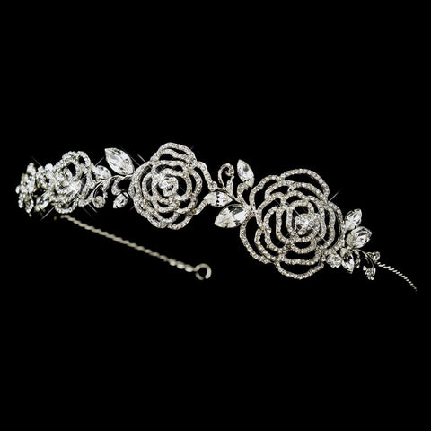 Antique Silver Clear Rhinestone Flower Rose Bridal Wedding Headband 865