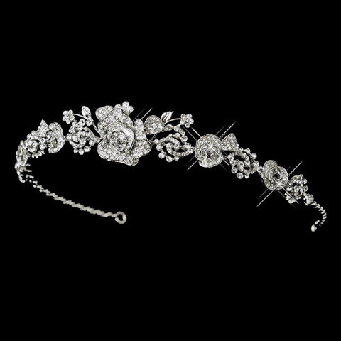 Antique Silver Clear Rhinestone Flower Rose Bridal Wedding Tiara Headpiece 869