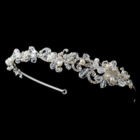 Silver Clear Crystal & Pearl Side-Accented Heandband Headpiece 902