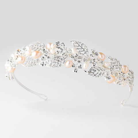 Silver Freshwater Ivory Pearl & Rhinestone Vine Lead Bridal Wedding Headband Headpiece 9055