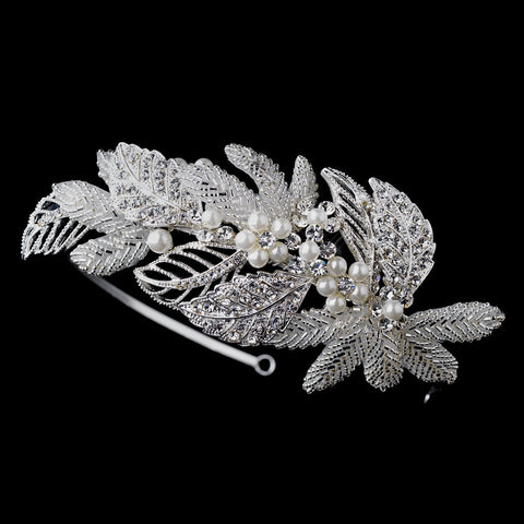 Antique Silver Crystal & Pearl Leaf Headpiece 947