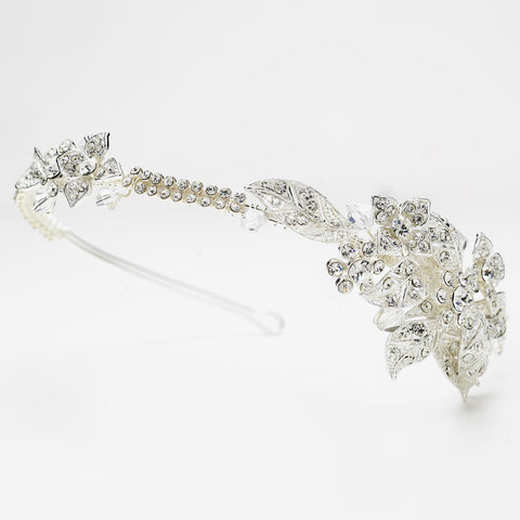 Side Accenting Rhinestone Floral Leaf Bridal Wedding Headband in Silver 9600