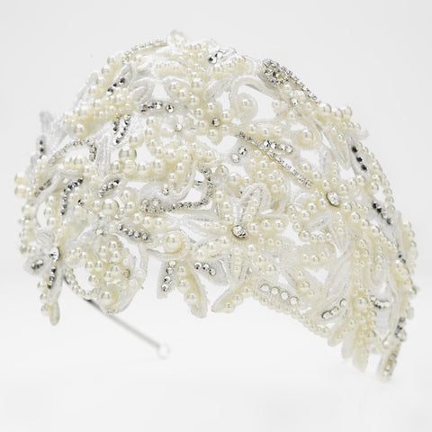 Exquisite Ivory Russian Tulle Cap Bridal Wedding Headband of Pearls & Rhinestones 9603