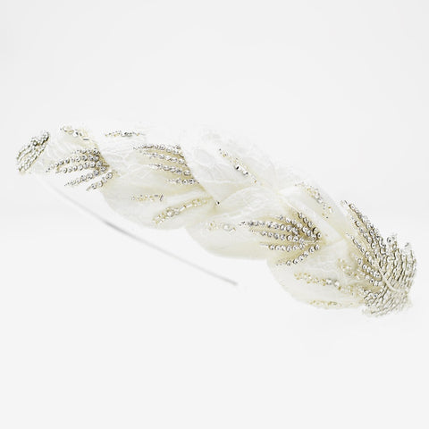 * Silver Plated Bridal Wedding Headband with Diamond White Fabric Sparkling Rhinestone 9604