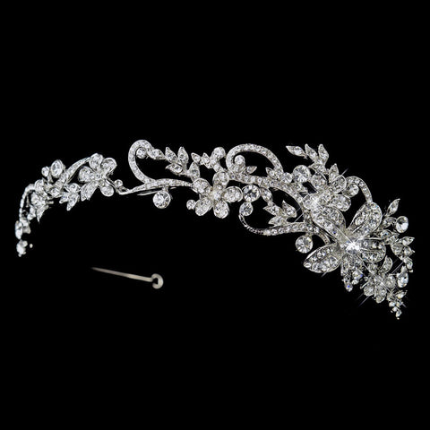 Antique Silver Clear Rhinestone Floral Leaf Vine Side Accented Bridal Wedding Headband Headpiece 961