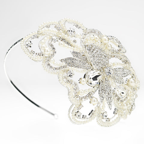 Silver Diamond White Pearl & Rhinestone Side Accented Bridal Wedding Headband Headpiece 9611
