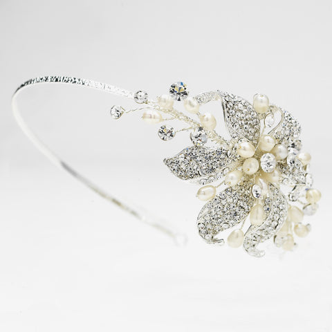 Silver Bridal Wedding Headband with Rhinestone & Ivory Pearl Side Accenting Flower 9618