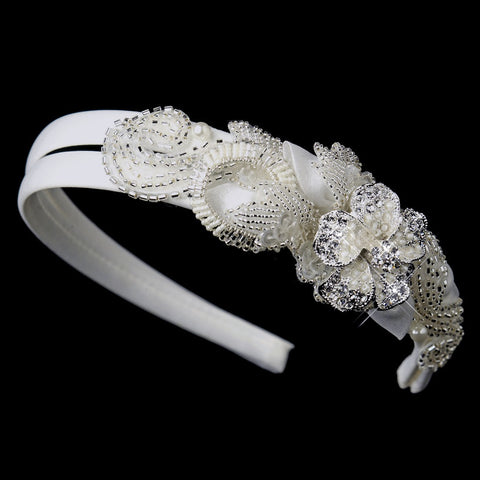 * Bugle Bead, Pearl & Rhinestone Double Side Accented Floral Bridal Wedding Headband 962