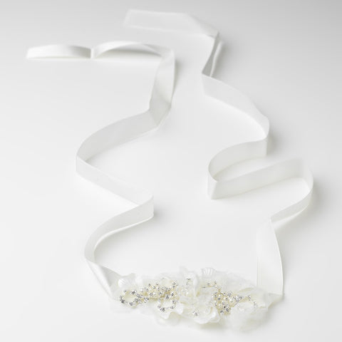 Rhinestone & Pearl Ivory Flower Ribbon Bridal Wedding Headband or Bridal Wedding Belt 9664