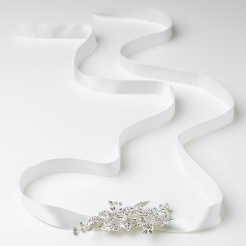 Ivory Ribbon Bridal Wedding Headband with Rhinestone Pave Flower Side Accent / Bridal Wedding Belt 9667