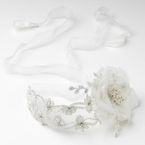 Elegant Light Ivory Ribbon Flower Bridal Wedding Headband or Bridal Wedding Belt Accessory 9668