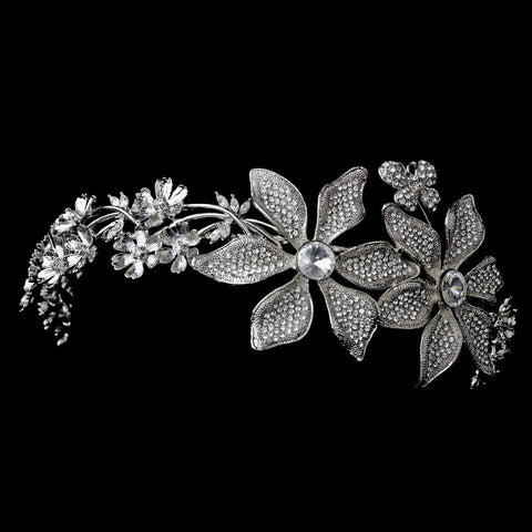 * Whimsical Antique Silver Side Accented Flower & Butterfly Headpiece 9944