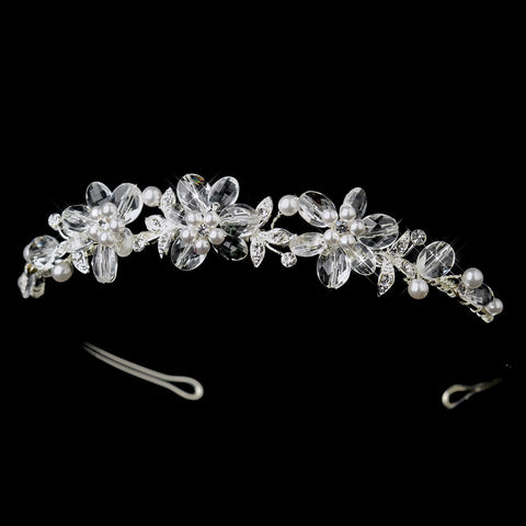 * Silver Clear Crystal Bead & White Pearl Bridal Wedding Headband 9957