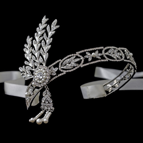Great Gatsby Inspired Light Rhodium Headpiece HP 9996 with Pearls & White or Ivory Ribbon