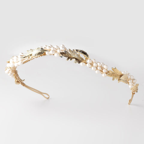 Gold Floral Roman Bridal Wedding Headband w/ Golden Leaves & Pearls 104