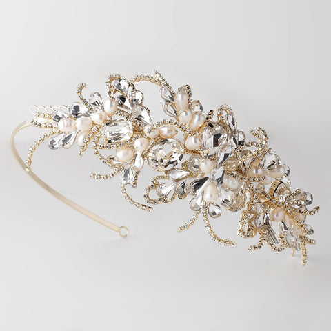 Light Gold Side Accented Bridal Wedding Headband w/ Freshwater Pearls, Rhinestones & Gemstones