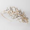 Light Gold Side Accented Bridal Wedding Headband w/ Freshwater Pearls, Rhinestones & Gemstones