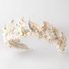 Light Gold Ivory Lace Roman Bridal Wedding Tiara w/ Golden Leaves, Poly Resin Petals, Pearls & Rhinestones