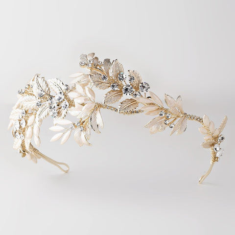 Light Gold Floral Side Roman Bridal Wedding Headband w/ Golden Leaves & Rhinestones