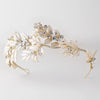 Light Gold Floral Side Roman Bridal Wedding Headband w/ Golden Leaves & Rhinestones