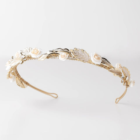 Light Gold Floral Bridal Wedding Headband w/ Golden Leaves, Enameled Champagne Flowers & Rhinestones