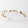 Light Gold Floral Bridal Wedding Headband w/ Golden Leaves, Enameled Champagne Flowers & Rhinestones