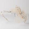 Silver Ivory Straw Mesh Bridal Wedding Side Headband w/ Silver Leaves & Rhinestones