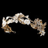 Gold Ivory Champagne Floral Double Roman Bridal Wedding Headband w/ Fabric Petals, Golden Leaves & Rhinestones