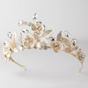 Light Gold Floral Bridal Wedding Tiara w/ Golden Leaves, Rhinestones & Gemstones