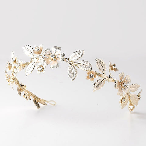Clear Rhinestone Floral Bridal Wedding Headband w/ Light Golden Leaves