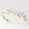 Clear Rhinestone Floral Bridal Wedding Headband w/ Light Golden Leaves