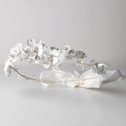 Ivory Satin Ribbon Floral Greek Stefana Bridal Wedding Headband w/ Silver Petals & Rhinestones