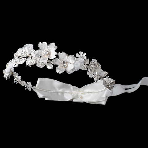 Ivory Satin Ribbon Floral Greek Stefana Bridal Wedding Headband w/ Silver Petals & Rhinestones