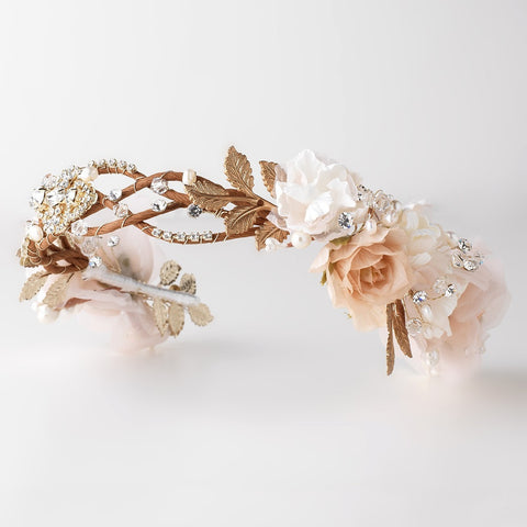 Rum Pink Light Ivory Sheer Organza Floral Bridal Wedding Headband w/ Golden Leaves, Swarovski Crystal Beads, Rhinestones & Freshwater Pearls