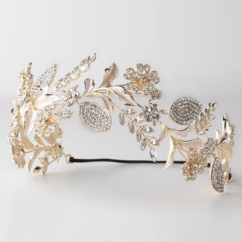 Light Gold Clear Rhinestone Floral Leaf Bridal Wedding Headband