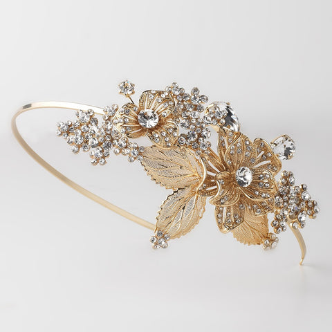 Light Gold Floral Side Accented Bridal Wedding Headband w/ Golden Leaves, Rhinestones & Gemstones