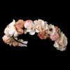 Rum Pink Rose Peach Soft Fabric Organza Flower Bridal Wedding Headband w/ Golden Rhinestone Leaves