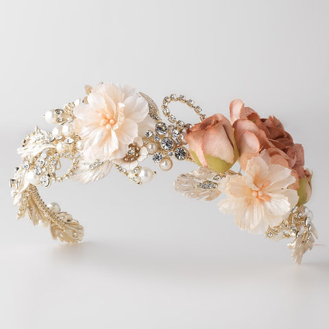 Rum Pink Rose Peach Soft Fabric Organza Flower Bridal Wedding Headband w/ Golden Leaves, Pearls & Rhinestones