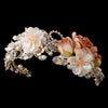 Rum Pink Rose Peach Soft Fabric Organza Flower Bridal Wedding Headband w/ Golden Leaves, Pearls & Rhinestones