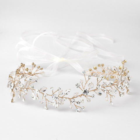 Light Gold Clear Swarovski Crystal Bead Vine Bridal Wedding Ivory Organza Ribbon Accent Headband 10001