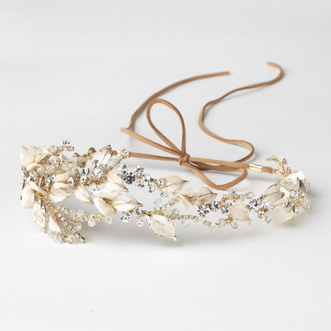 Light Gold Clear Rhinestone & Crystal Rum Pink Floral Leaf Vintage Vine Bridal Wedding Bun Wrap Headpiece 10004 with Organza & Leather Ribbon