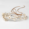Light Gold Clear Rhinestone & Crystal Rum Pink Floral Leaf Vintage Vine Bridal Wedding Bun Wrap Headpiece 10004 with Organza & Leather Ribbon