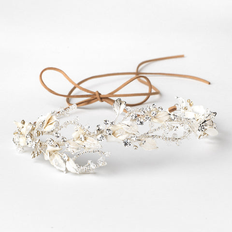 Silver Clear Rhinestone & Crystal Rum Pink Floral Leaf Vintage Vine Bridal Wedding Bun Wrap Headpiece 10004 with Organza & Leather Ribbon