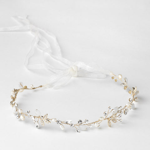 Light Gold Floral Vine Bridal Wedding Headband Organza Ribbon w/ Freshwater Pearls, Rhinestones & Opalescent Beads 1561