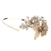 Light Gold Floral Side Accented Bridal Wedding Headband w/ Golden Leaves, Rhinestones & Gemstones 1565