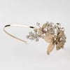 Light Gold Floral Side Accented Bridal Wedding Headband w/ Golden Leaves, Rhinestones & Gemstones 1565