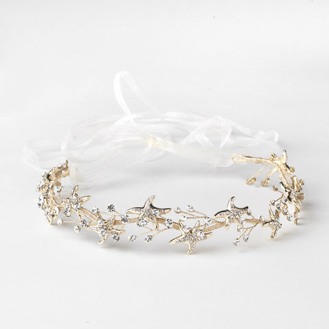 Light Gold Clear Starfish Rhinestone Bridal Wedding Headband 1591